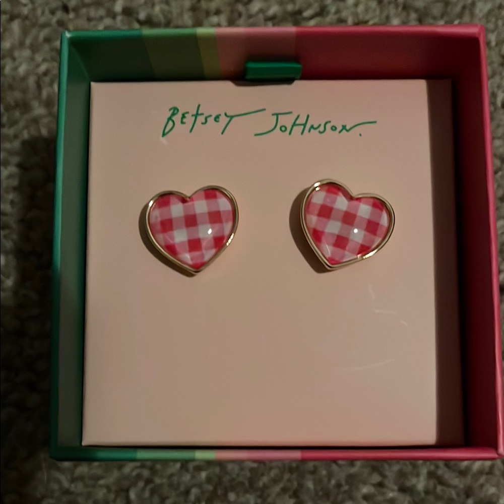 Betsey Johnson Red Checkered Heart Earrings